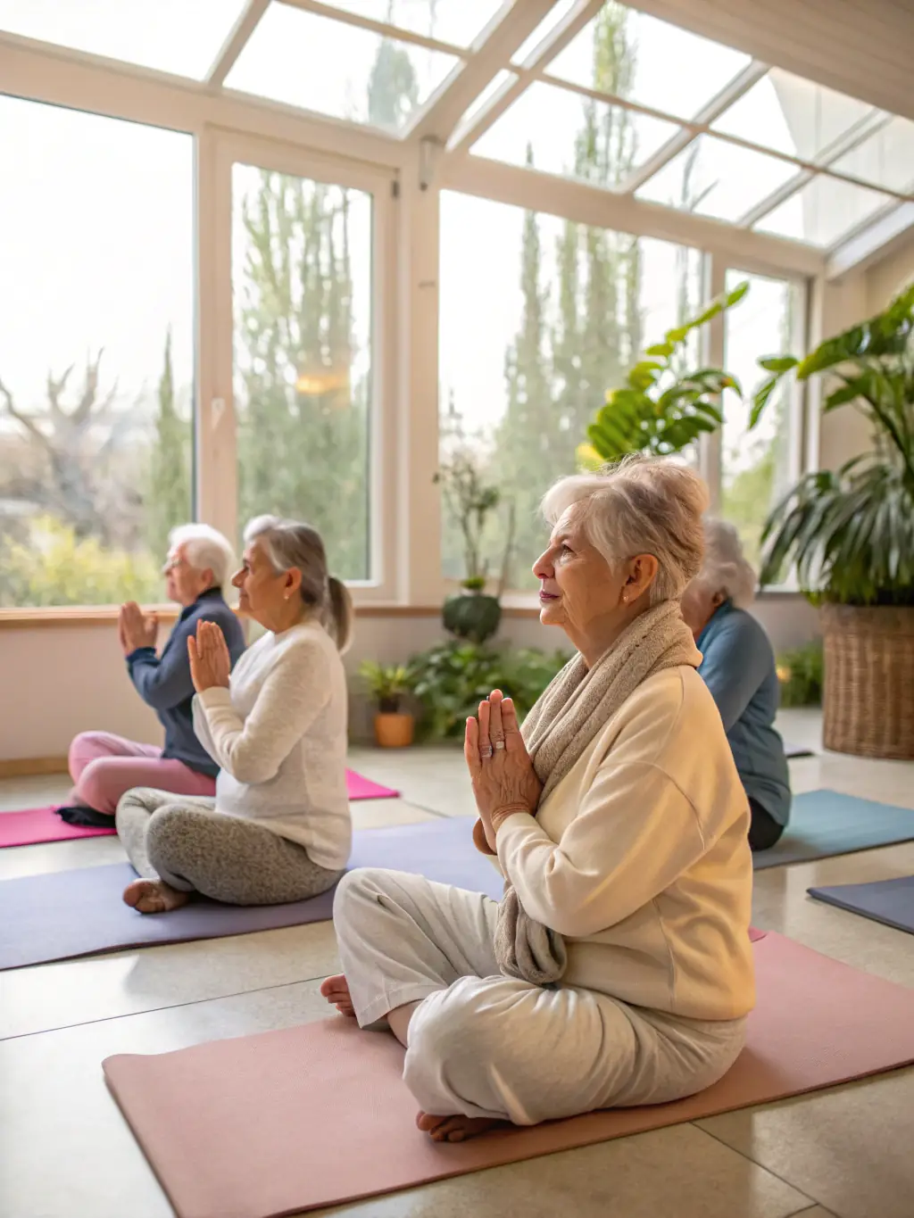 A group of seniors participating in a gentle exercise class at GYM POUR TOUS A PLOUEZEC, emphasizing accessibility and health benefits for older adults.
