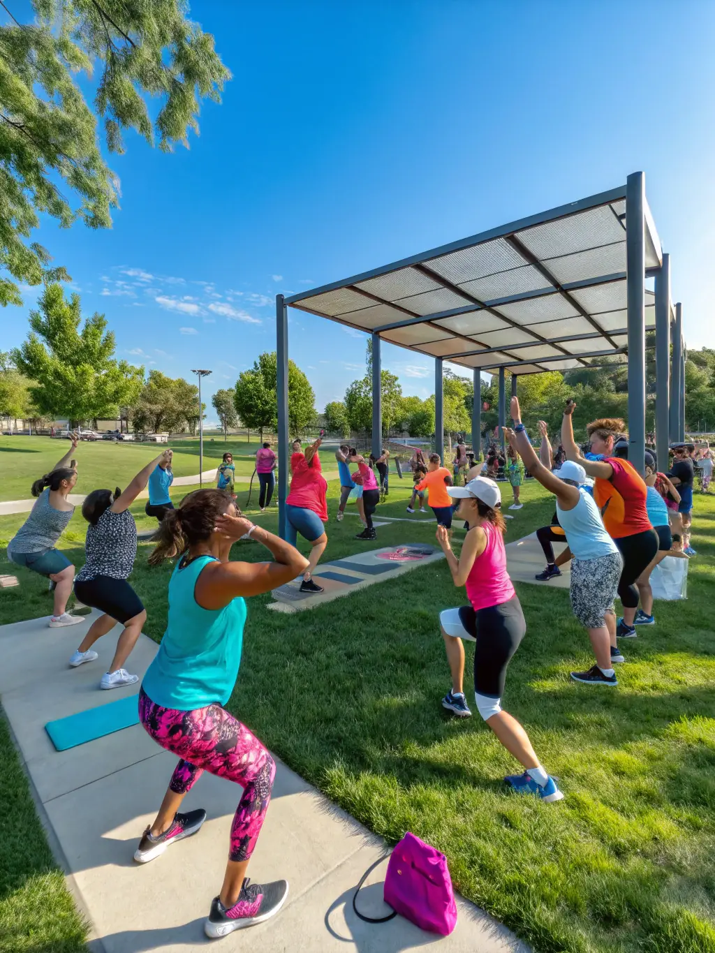 A diverse group of people participating in a lively fitness class outdoors at GYM POUR TOUS A PLOUEZEC, smiling and engaging in exercises together.