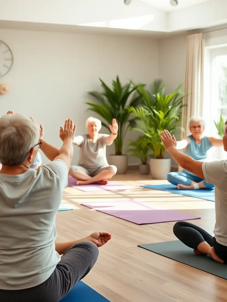 A senior group engaging in a gentle yoga session at GYM POUR TOUS A PLOUEZEC, emphasizing accessibility and well-being.
