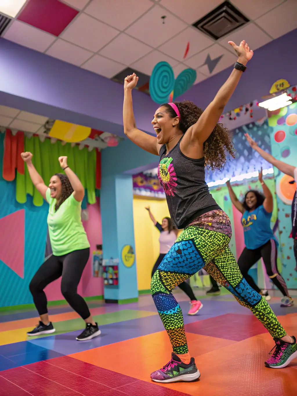 A group of diverse individuals participating in a Zumba class at GYM POUR TOUS A PLOUEZEC, with a focus on energetic movements and joyful expressions.