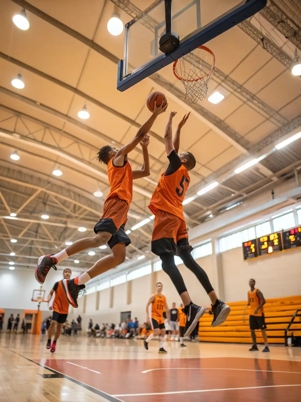A dynamic image of a basketball game at GYM POUR TOUS A PLOUEZEC, highlighting teamwork, skill, and the excitement of the sport.
