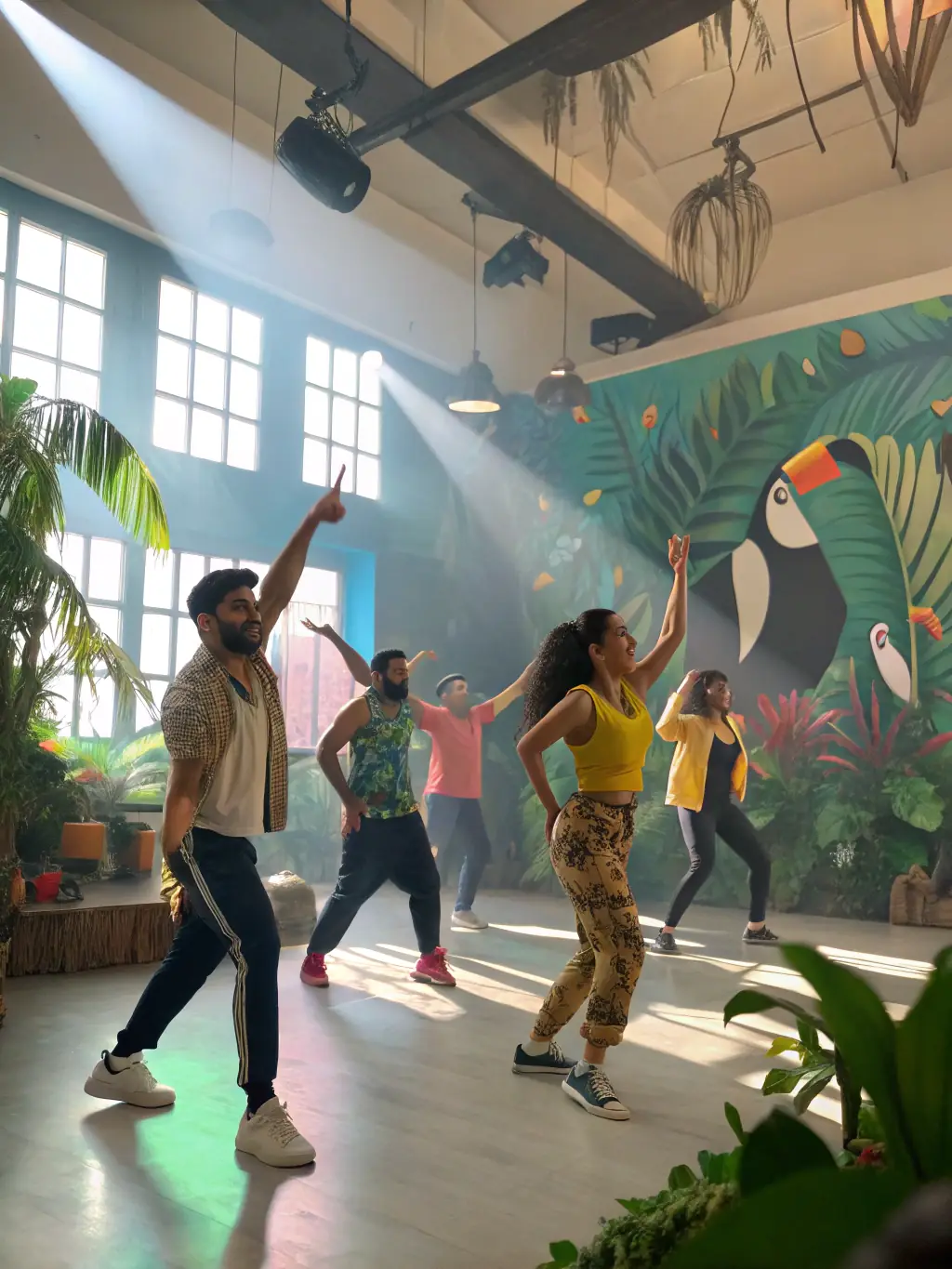 A group of diverse individuals participating in a Zumba class at GYM POUR TOUS A PLOUEZEC, showcasing energy and inclusivity.