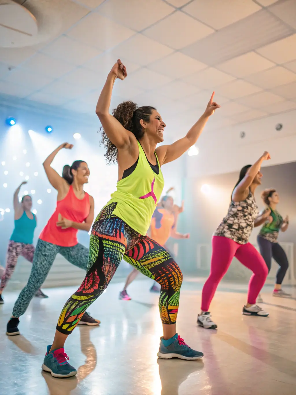 Adults engaged in a lively Zumba class at GYM POUR TOUS A PLOUEZEC, enjoying the music and energetic workout.