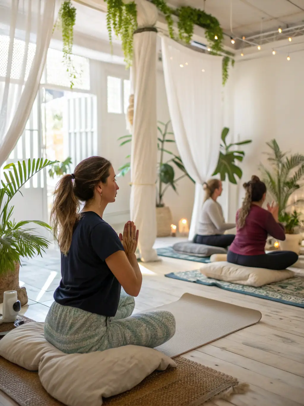 A serene yoga session in progress at GYM POUR TOUS A PLOUEZEC, showcasing participants in various poses with a focus on relaxation and mindfulness.
