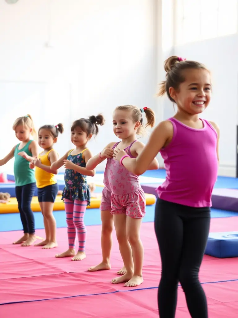 Children laughing and playing during a fun gymnastics session at GYM POUR TOUS A PLOUEZEC, emphasizing coordination and teamwork.
