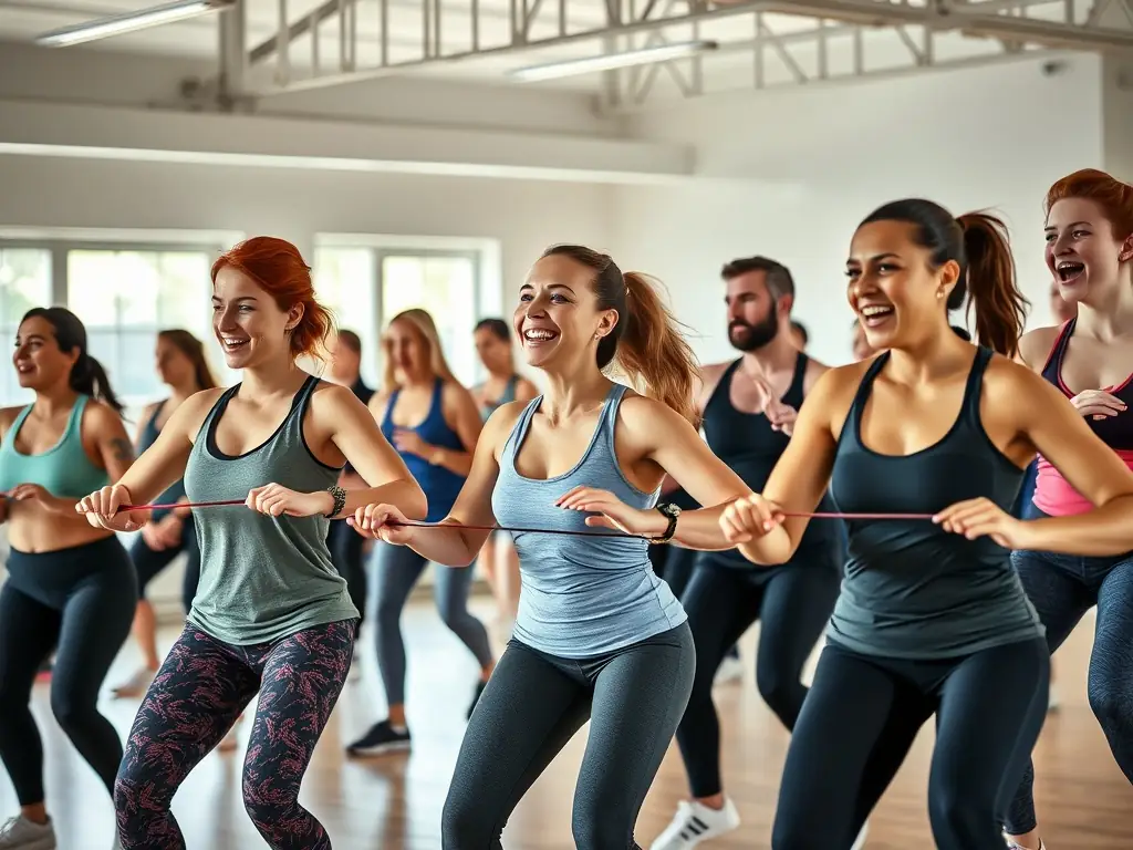 A group of people laughing and interacting during a group fitness session, showcasing the social benefits of joining the gym.