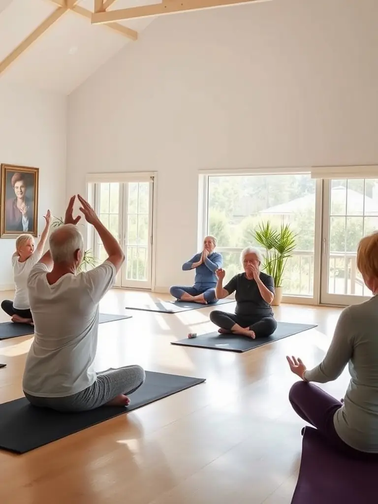 A group of seniors participating in a gentle yoga class at GYM POUR TOUS A PLOUEZEC, focusing on flexibility and balance.