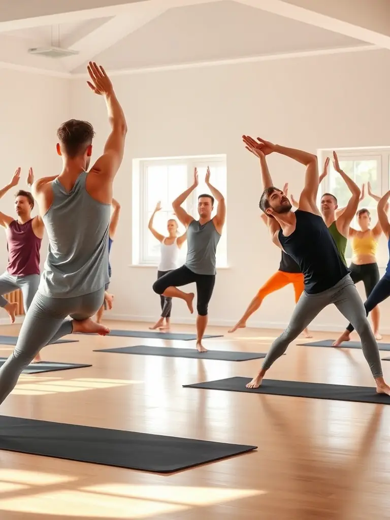 A group of diverse individuals participating in a yoga class, demonstrating inclusivity and wellness.