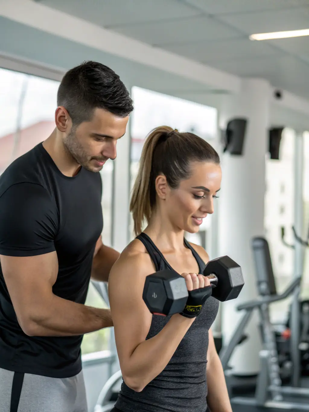 A person receiving guidance from a trainer during a workout, emphasizing personalized support and health promotion.